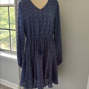 Blue Long Sleeve V-Neck Sundress for Casual Occasions